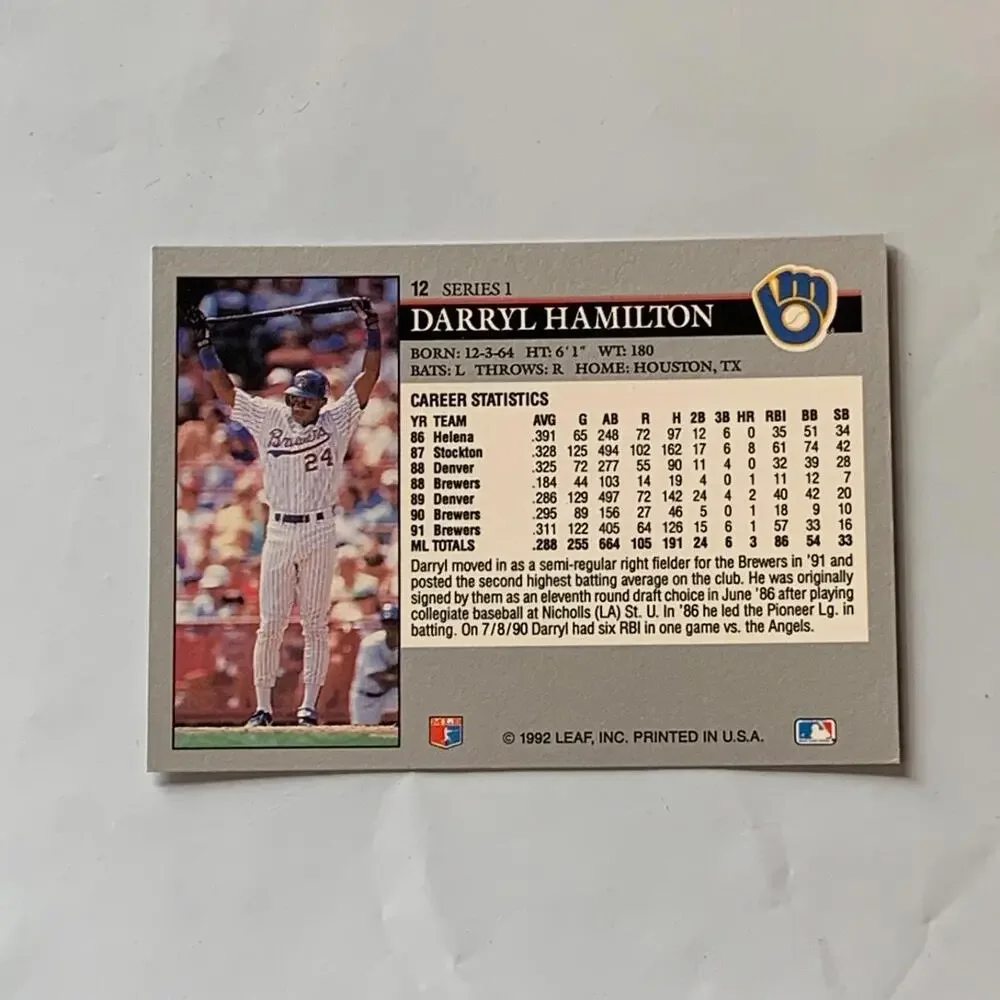 1992 Leaf Series 1 #12 Darryl‎ Hamilton Milwaukee Brewers Baseball Card